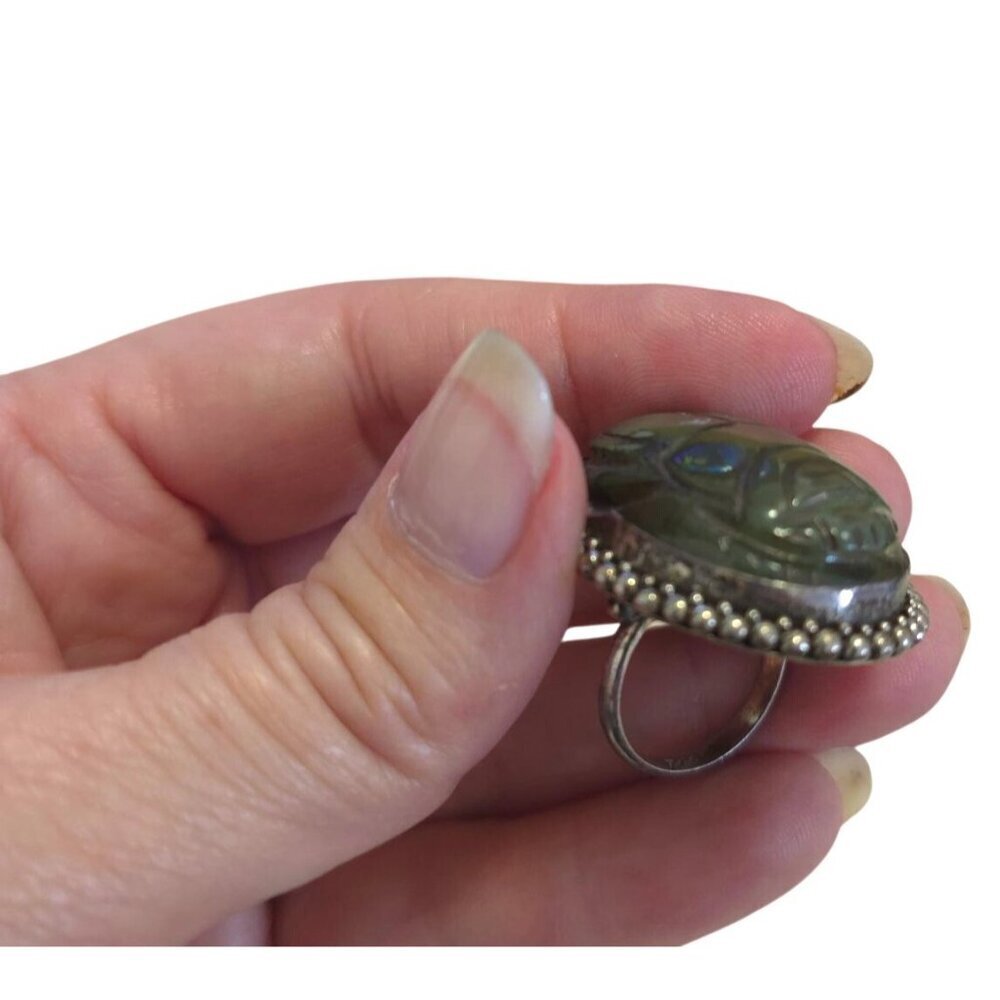 Vintage Green Scarab Ring Sterling Silver Beaded Size 6 Intricate Statement - Picture 2 of 13